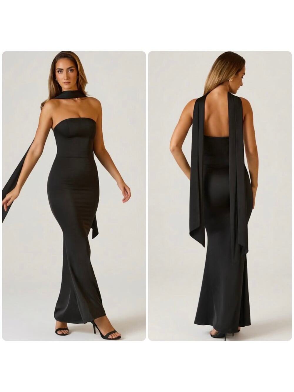 Oh Polly Mandi Scarf-Detail Strapless Gown Maxi Dress in Black size 8 New CLM